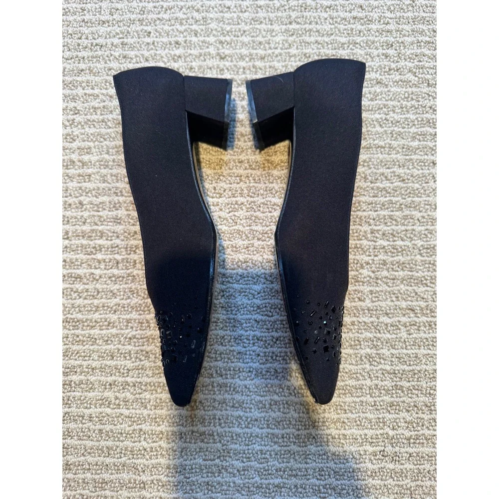 Stuart‎ Weitzman Black Satin Embellished Toe Pumps Heels Womens 8B Square Toe
